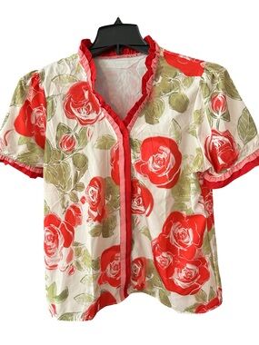 Floral Ruffle-Trim Button Front Top - Red Rose Print